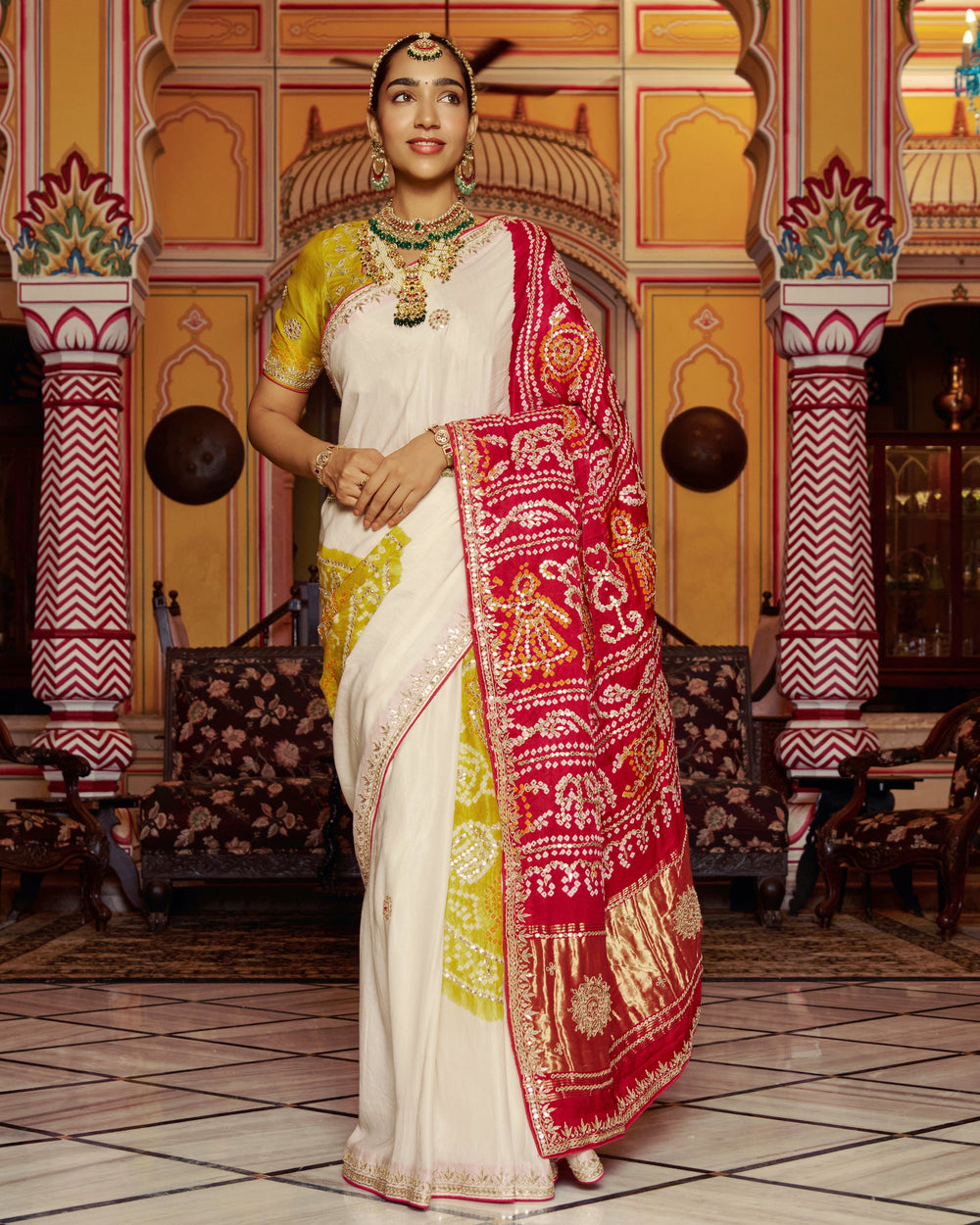 Barkha White Embroidered Kajol Bandhej Silk Saree