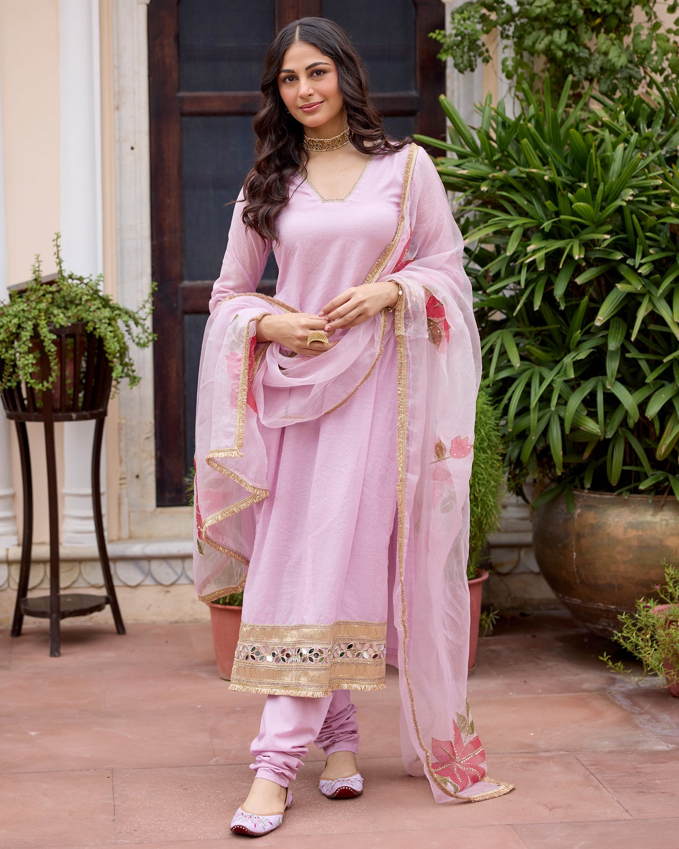 Parijat Lilac Handpainted Chanderi Suit Set
