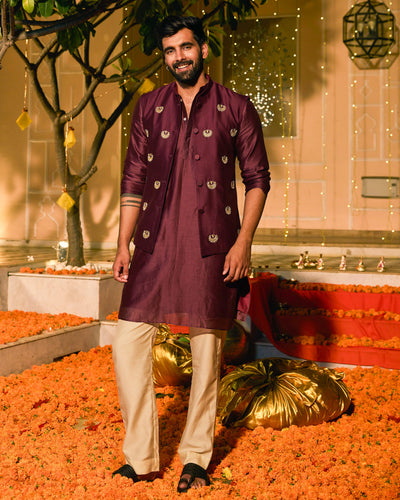Parakram Plum Embroidered Chanderi Jacket And Kurta Set