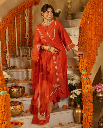 Prakash Rust Orange Solid Chanderi Suit Set