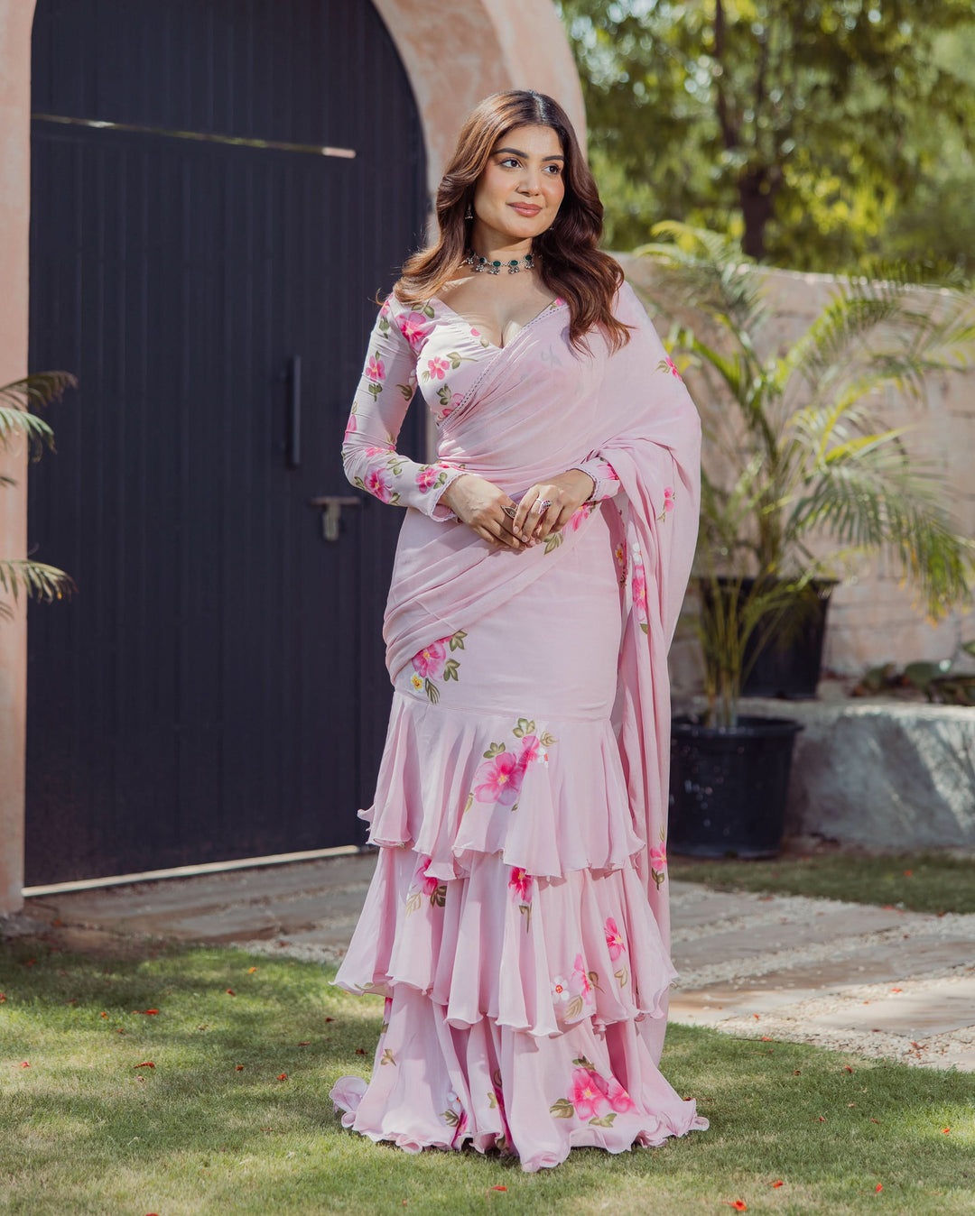 Bloom Pink Handpainted Chinon Pre draped Saree