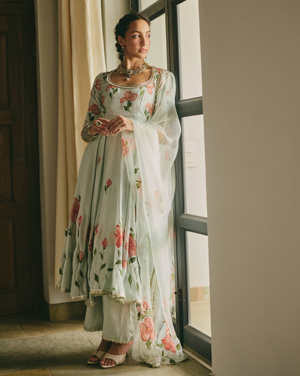 Varaz Blue Handpainted Viscose Organza Suit Set
