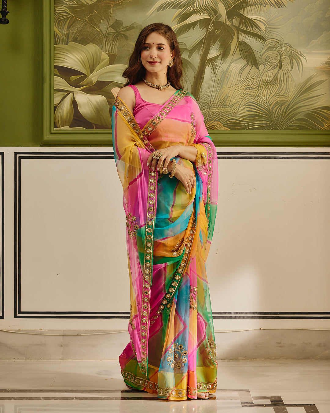 Shehnaz Dark Multi Color Leheriya Chiffon Saree