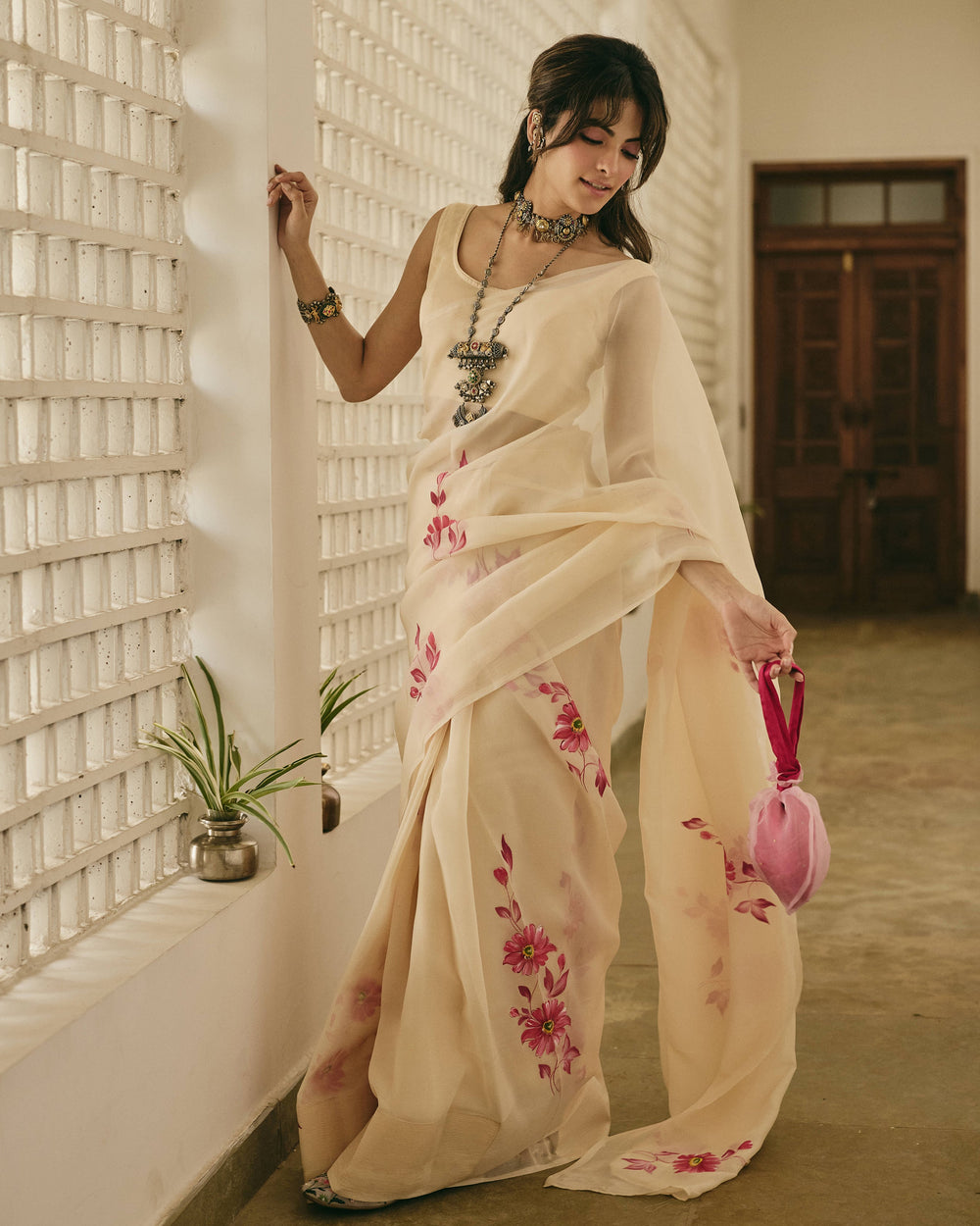 Iraaya Peach Handpainted Chiffon Saree