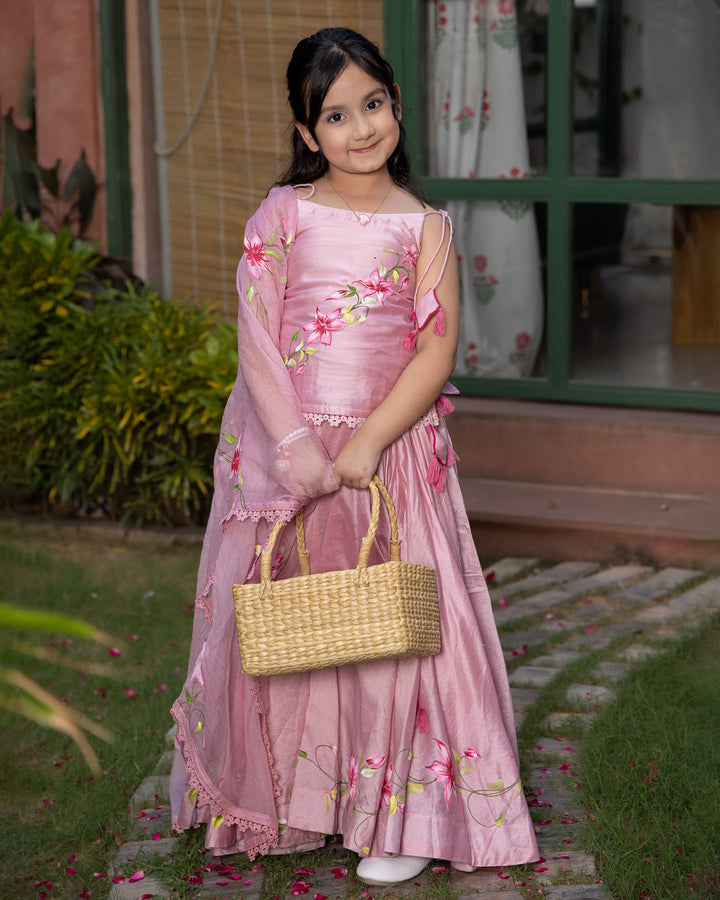 Koko Powder Pink Handpainted Chanderi Lehenga Set
