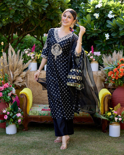 Mantra Black Bandhani Chanderi Suit Set
