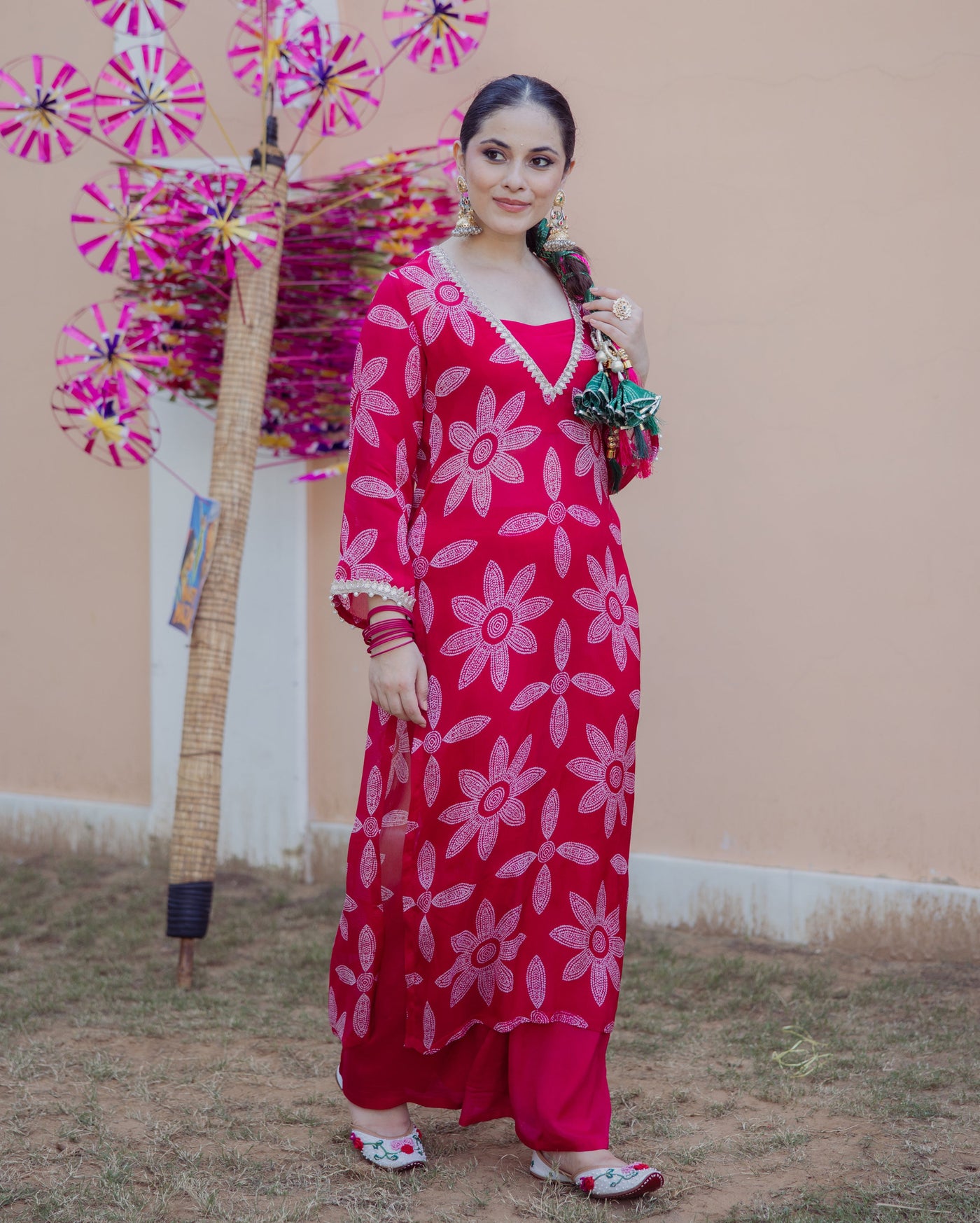 Sudha Pink Bandhani Chinon Kurta Set