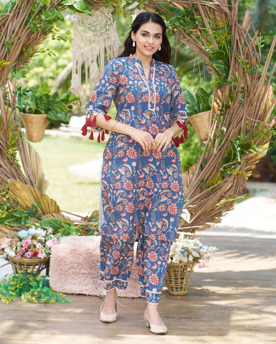 Kayra Blue Printed Cotton Kurta Set