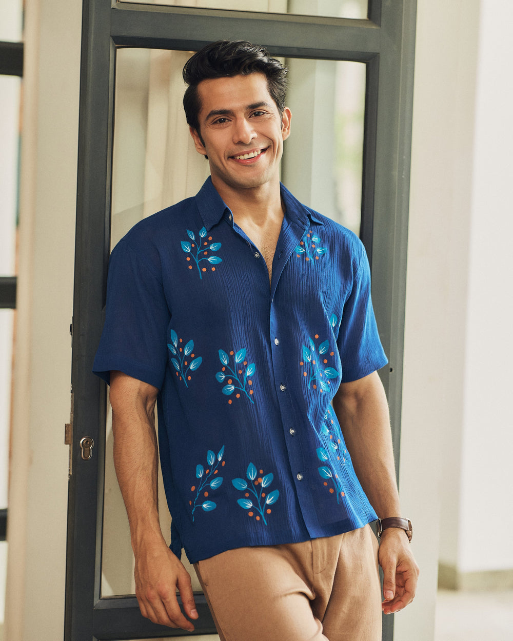 Ivaan Blue Cotton Crush Handpainted Shirt