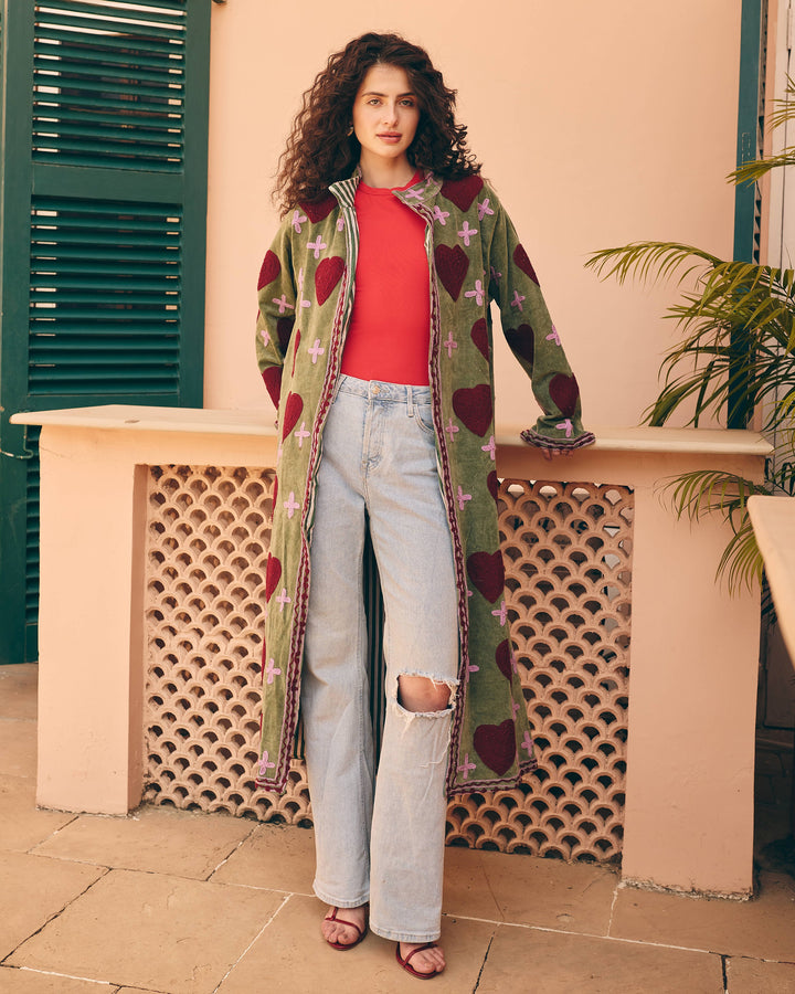 Verdant Sage Green Velvet Suzani Jacket