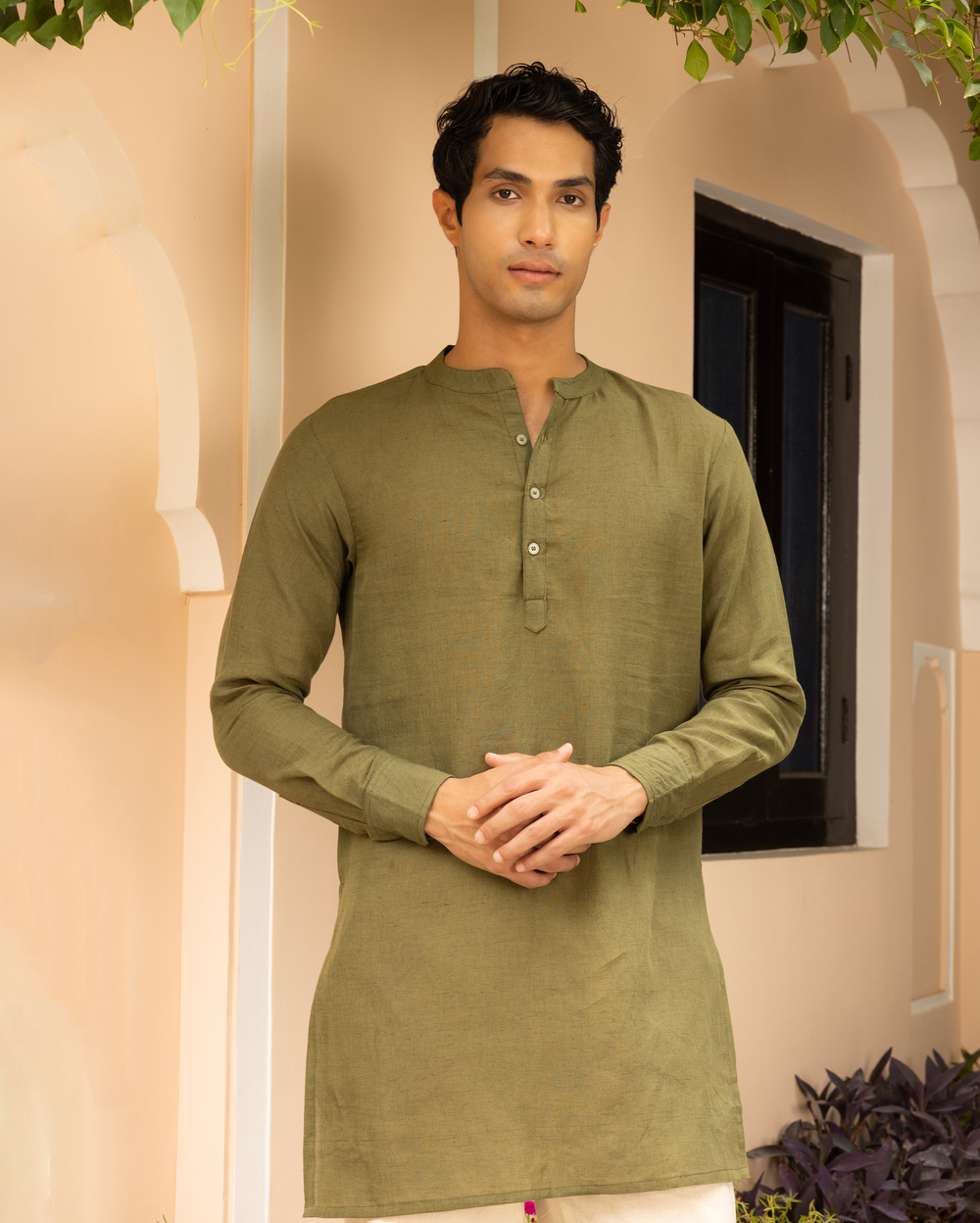 Vikrant Olive Green Solid Cotton Flex Kurta