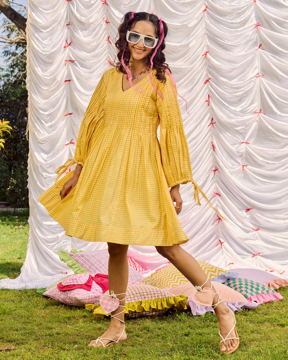 Kajol Yellow Cotton Checks Printed Dress