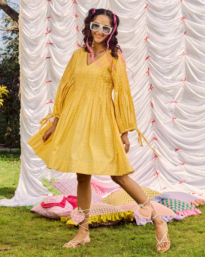 Kajol Yellow Cotton Checks Printed Dress