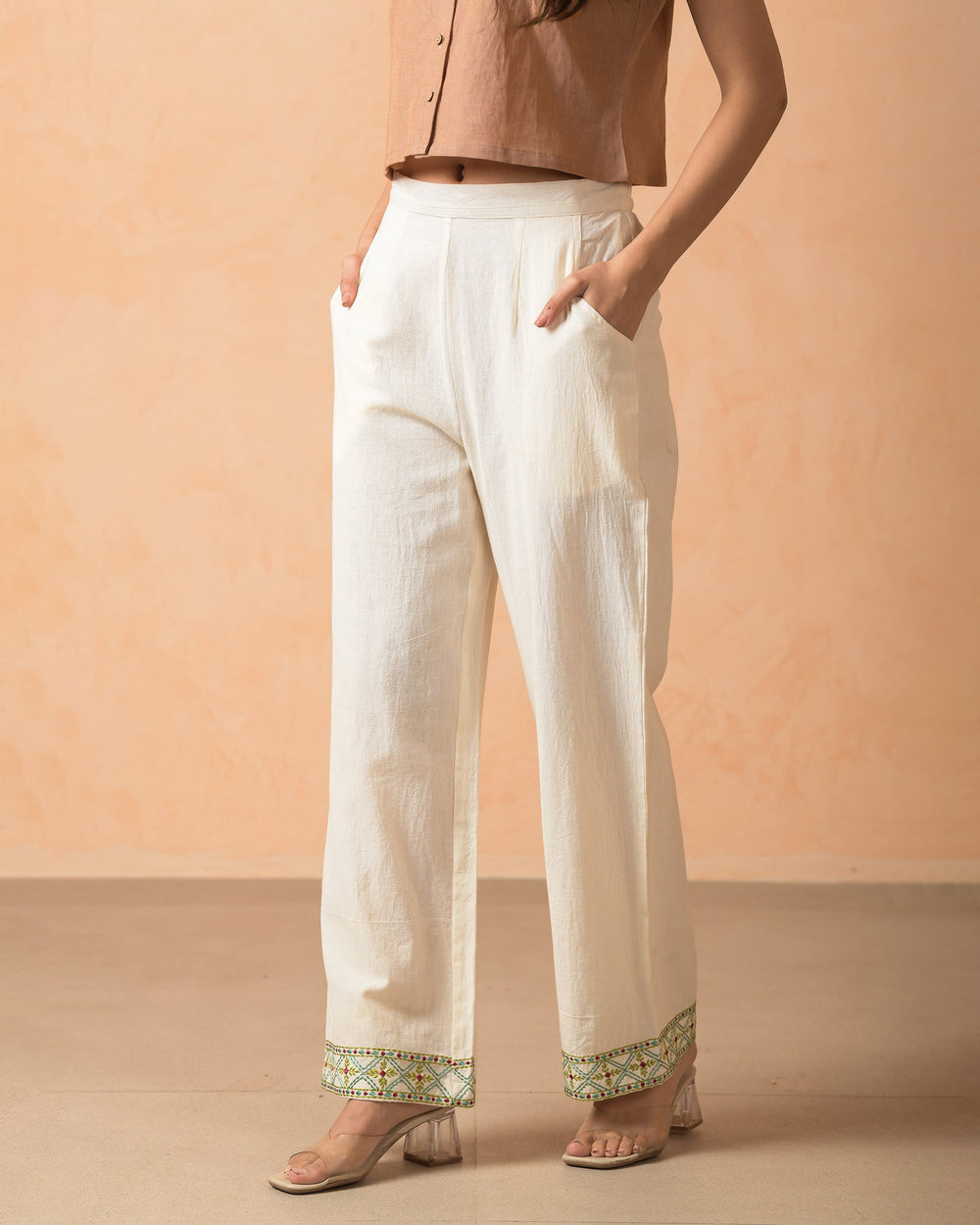 Riyana Cream Cotton Flex Embroidered Straight Pants
