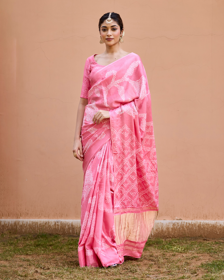 Madhurya Pink Gajji Silk Bandhej Saree