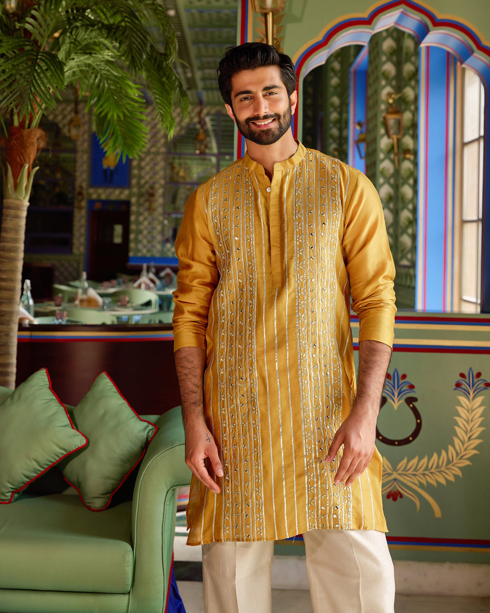 Vardhan Mustard Chanderi Embroidered Kurta