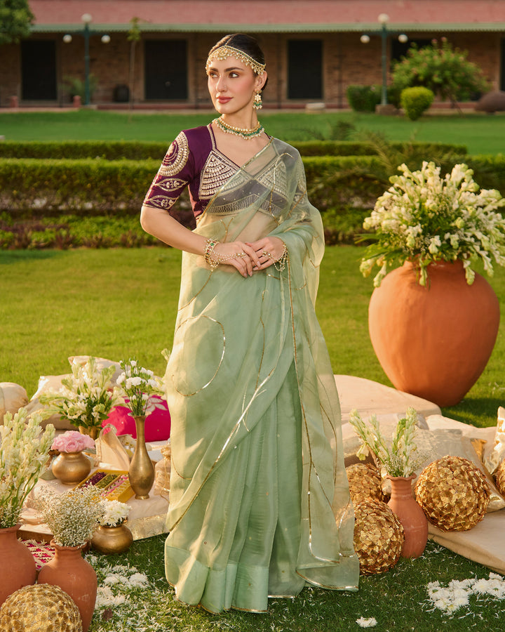 Surmayi Purple Embroidered Satin Aangi Blouse And Saree