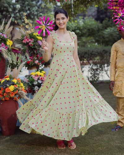 Neerja Green Bandhani Cotton Dress