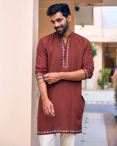 Rajvansh Brown Embroidered Silk Kurta