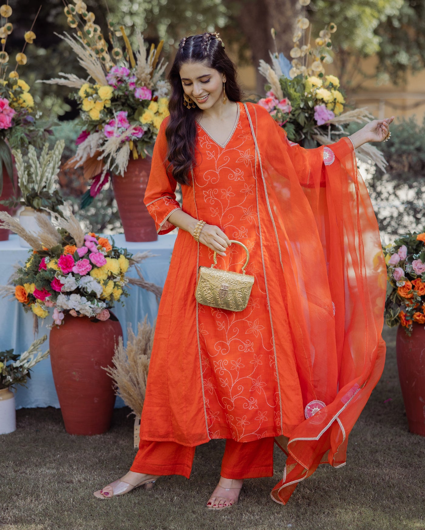 Saumya Orange Bandhani Chanderi Suit Set
