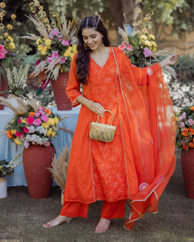 Saumya Orange Bandhani Chanderi Suit Set