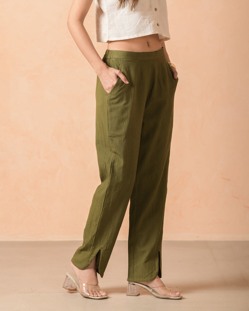 Aruvi Olive Flex Solid Straight Pants