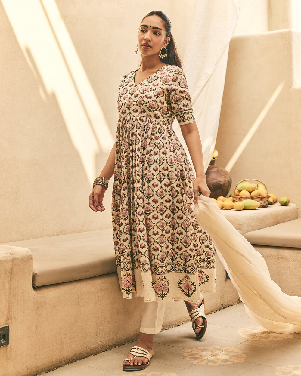 Zahana Beige Cotton Printed Suit Set