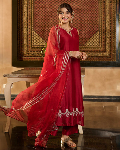 Jugni Maroon Solid Chanderi Suit Set