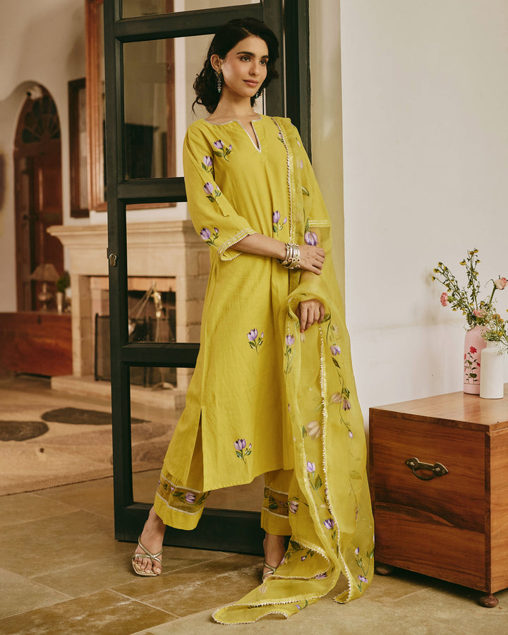 Adaa Green Handpainted Cotton Suit Set