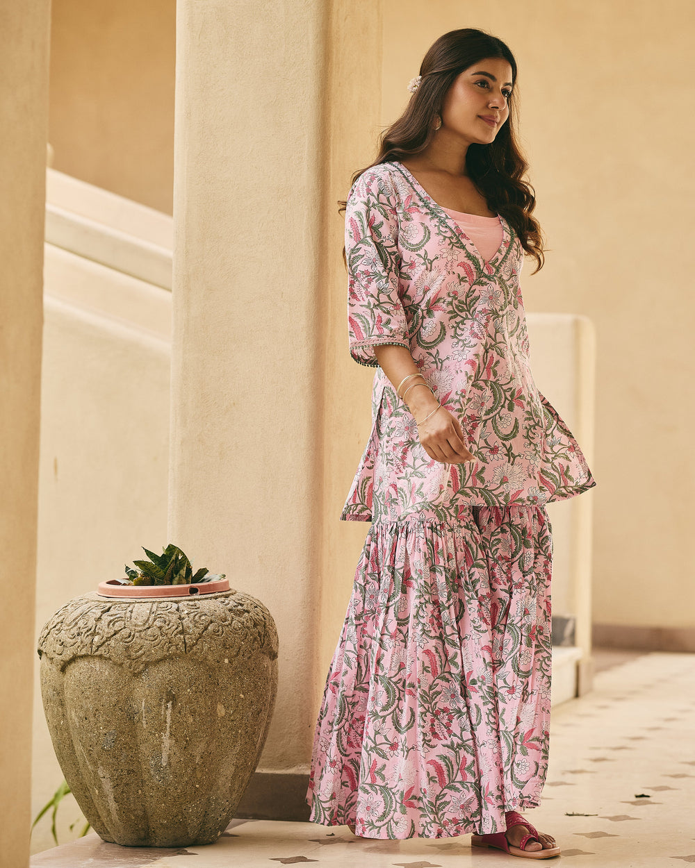 Ander Pink Cotton Printed Kurta Sharara Set