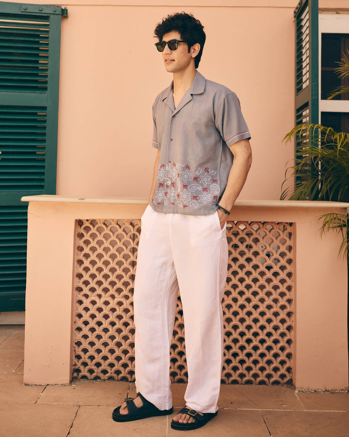 Nero Gray Cotton Flex Embroidered Shirt