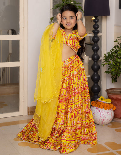 Hipsa Yellow Printed Chanderi Lehenga Set