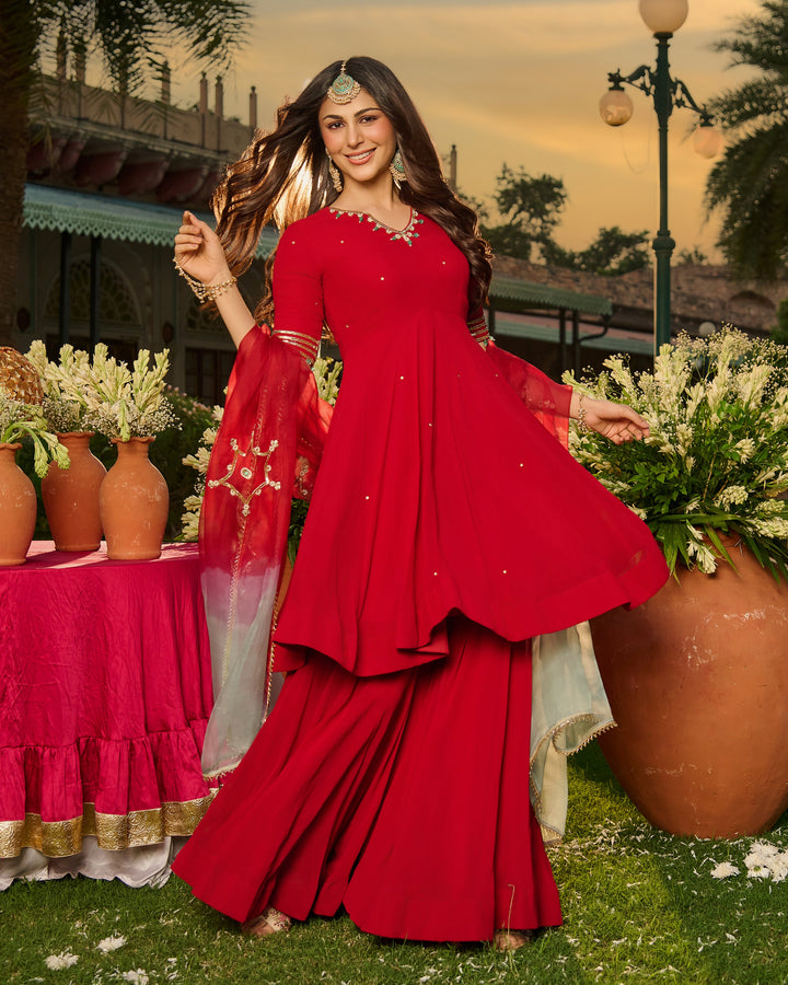 Laxmi Red Embroidered Georgette Suit Set