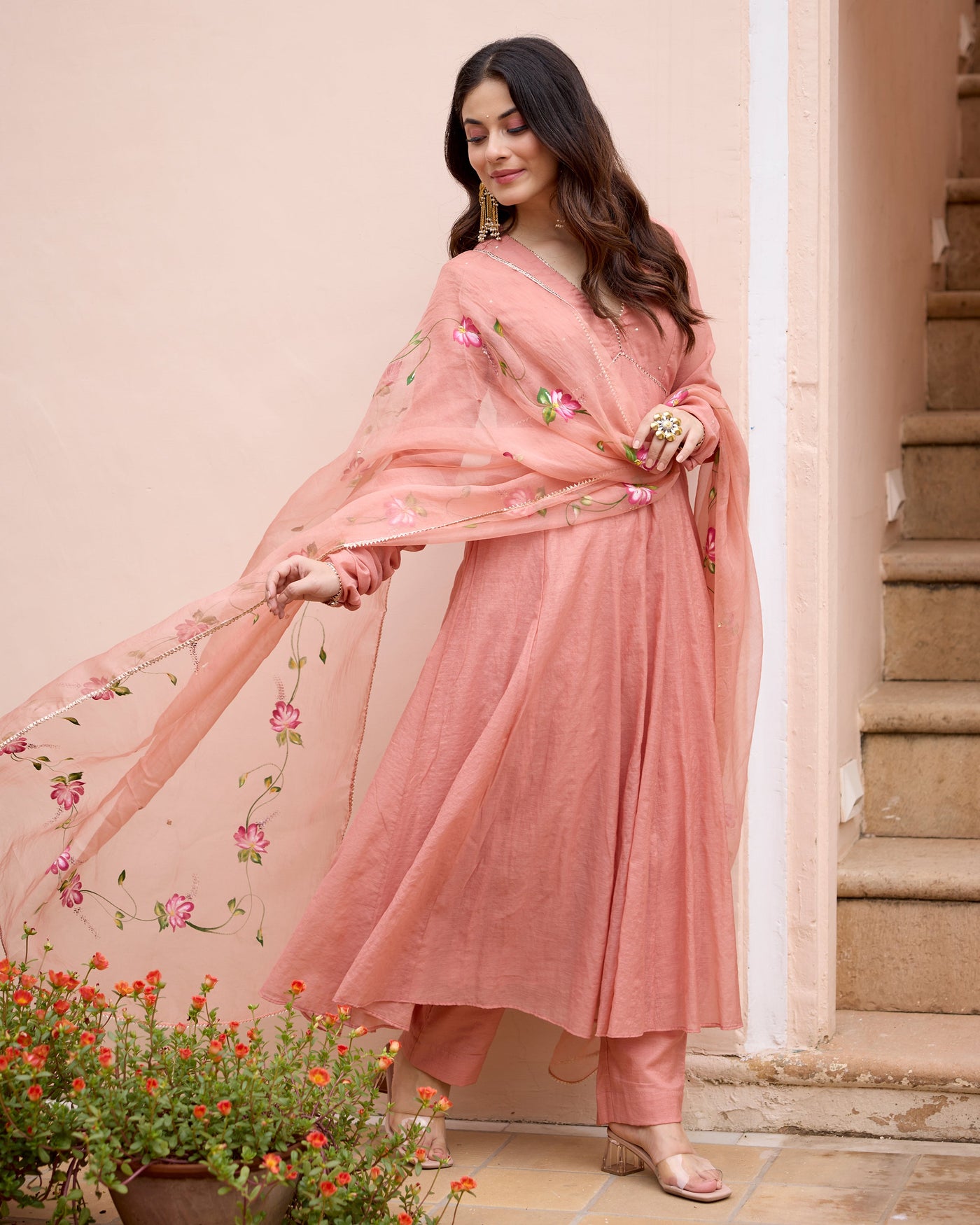 Kunda Peach Handpainted Chanderi Suit Set