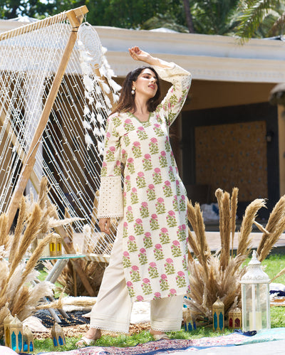 Ravishing Cream Printed Cotton Kurta Set