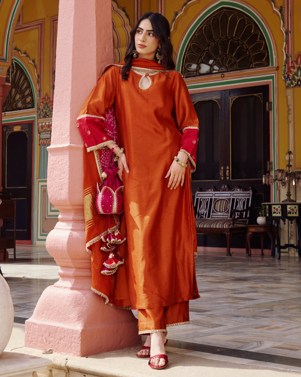 Priya Orange Embroidered Chanderi Suit Set