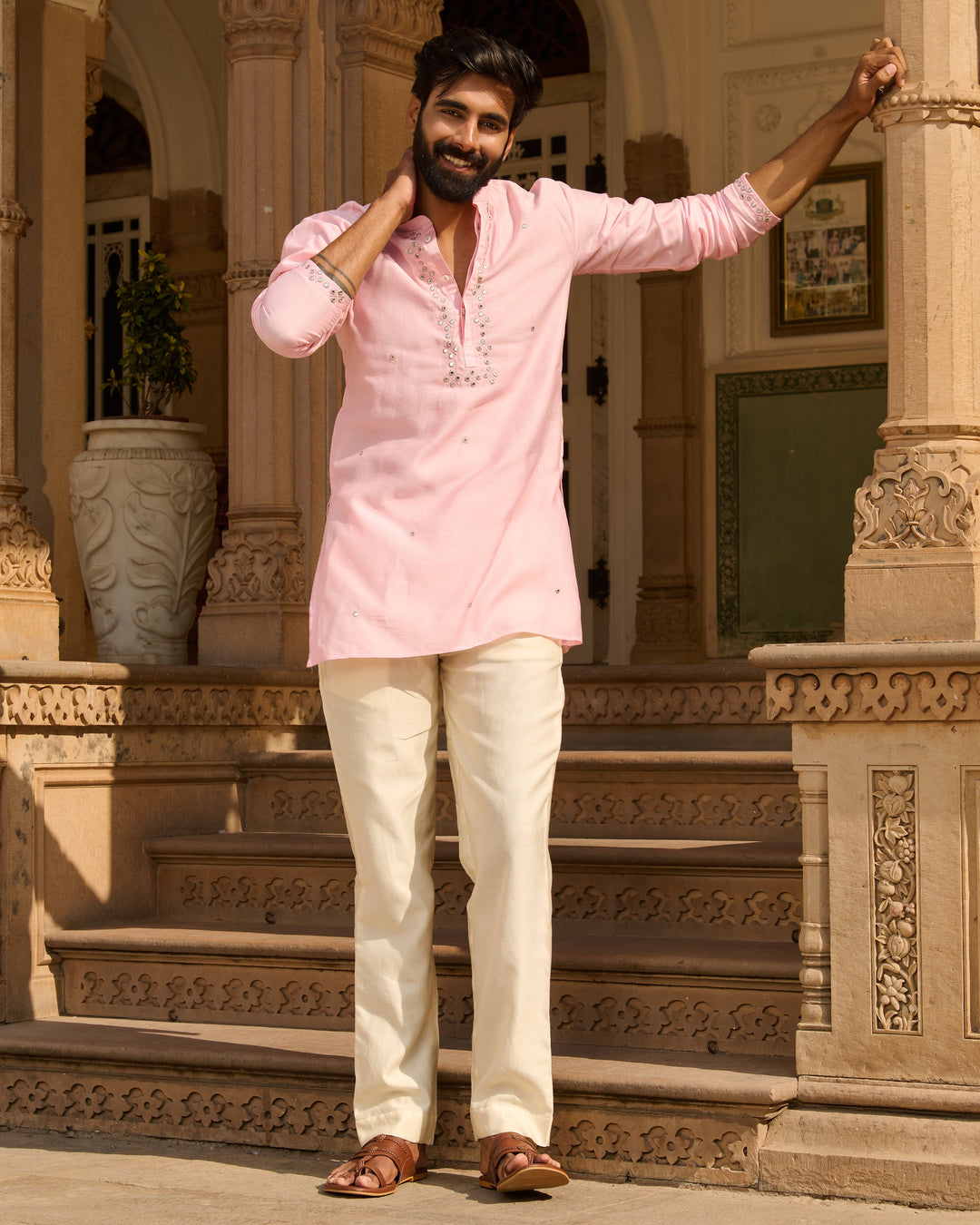 Samar Pink Embroidered Chanderi Solid Kurta