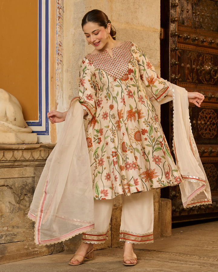 Kora Cream Printed Chanderi Suit Set