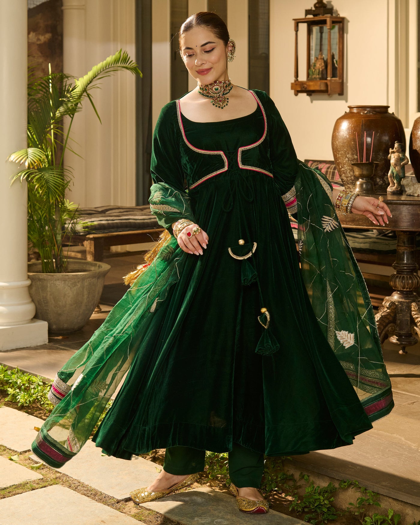 Bhavani Green Solid Velvet Suit Set