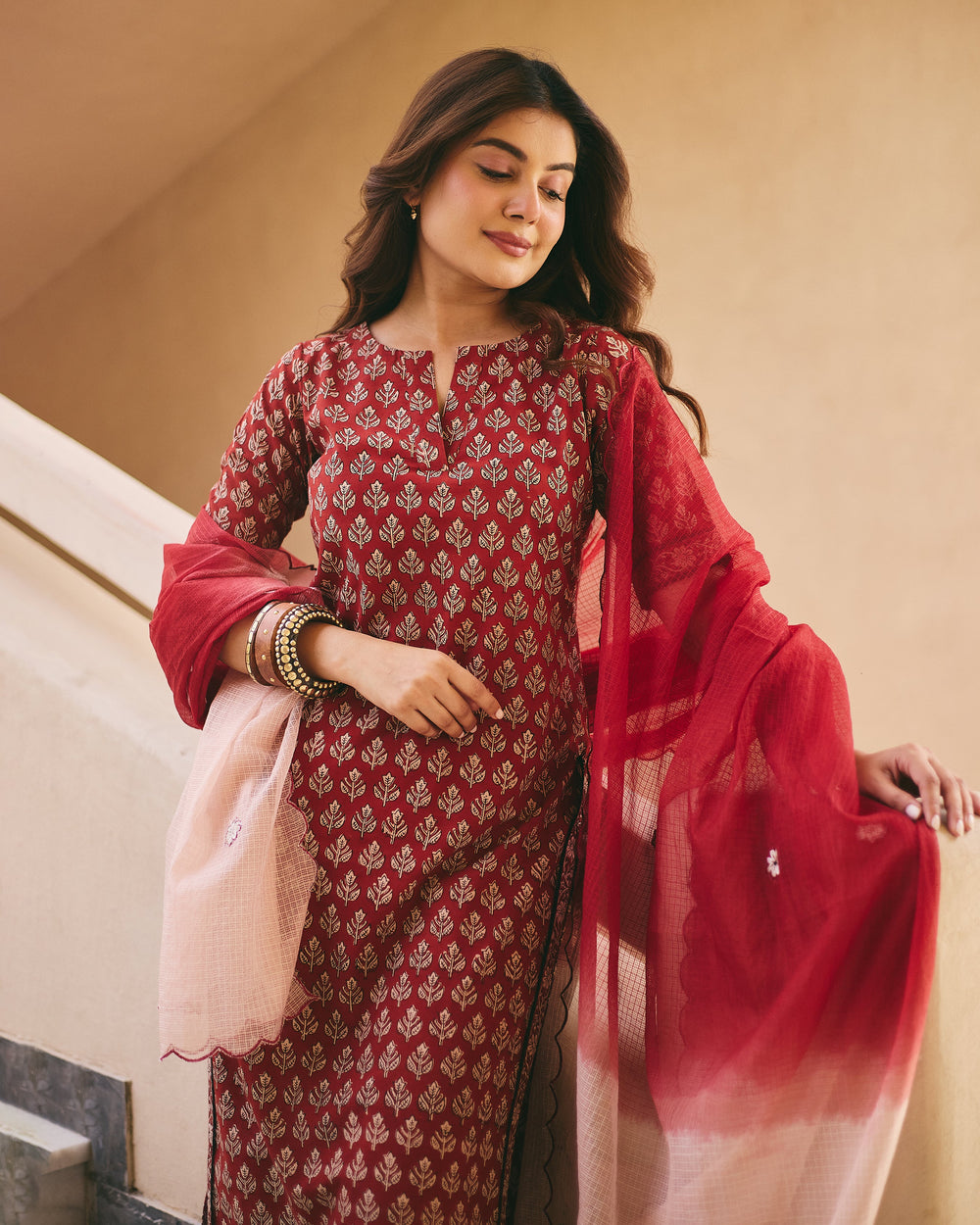 Grisha Maroon Cotton Printed Suit Set