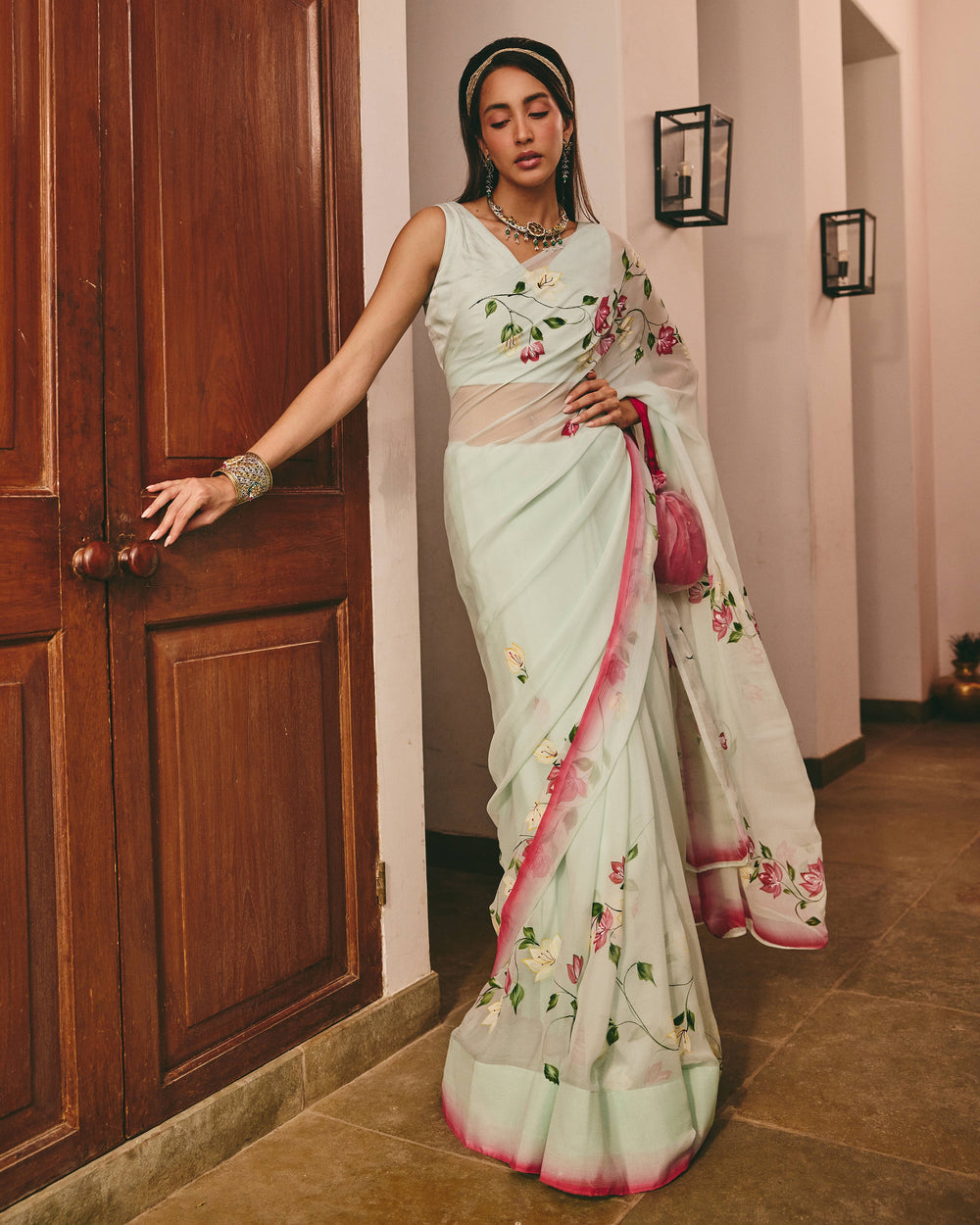 Glabra Sea Green Handpainted Chiffon Saree