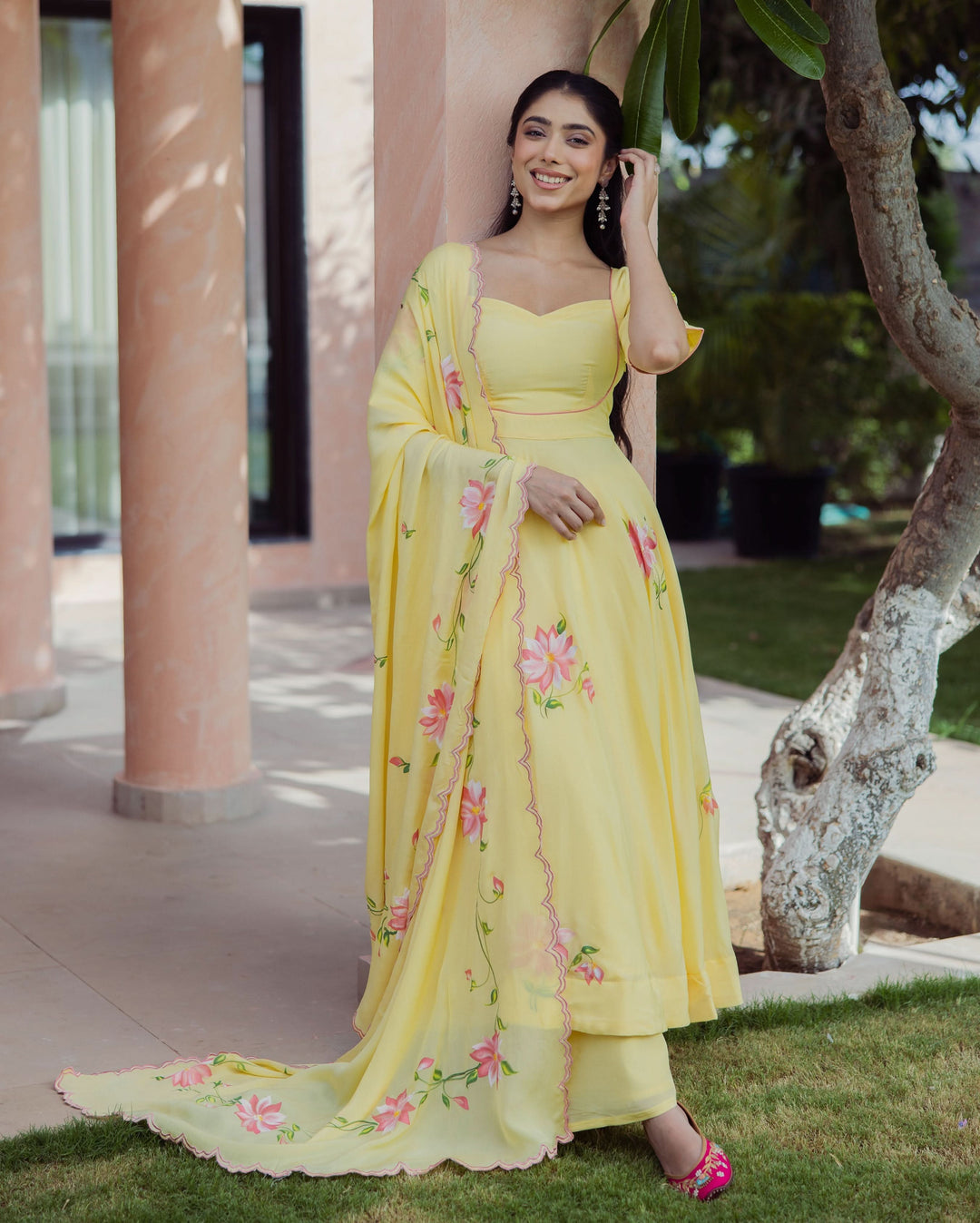 Aura Yellow Handpainted Chinon Suit Set