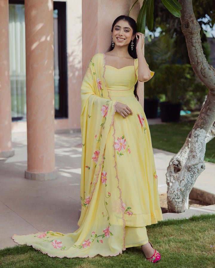 Aura Yellow Handpainted Chinon Suit Set