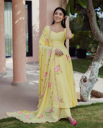 Aura Yellow Handpainted Chinon Suit Set