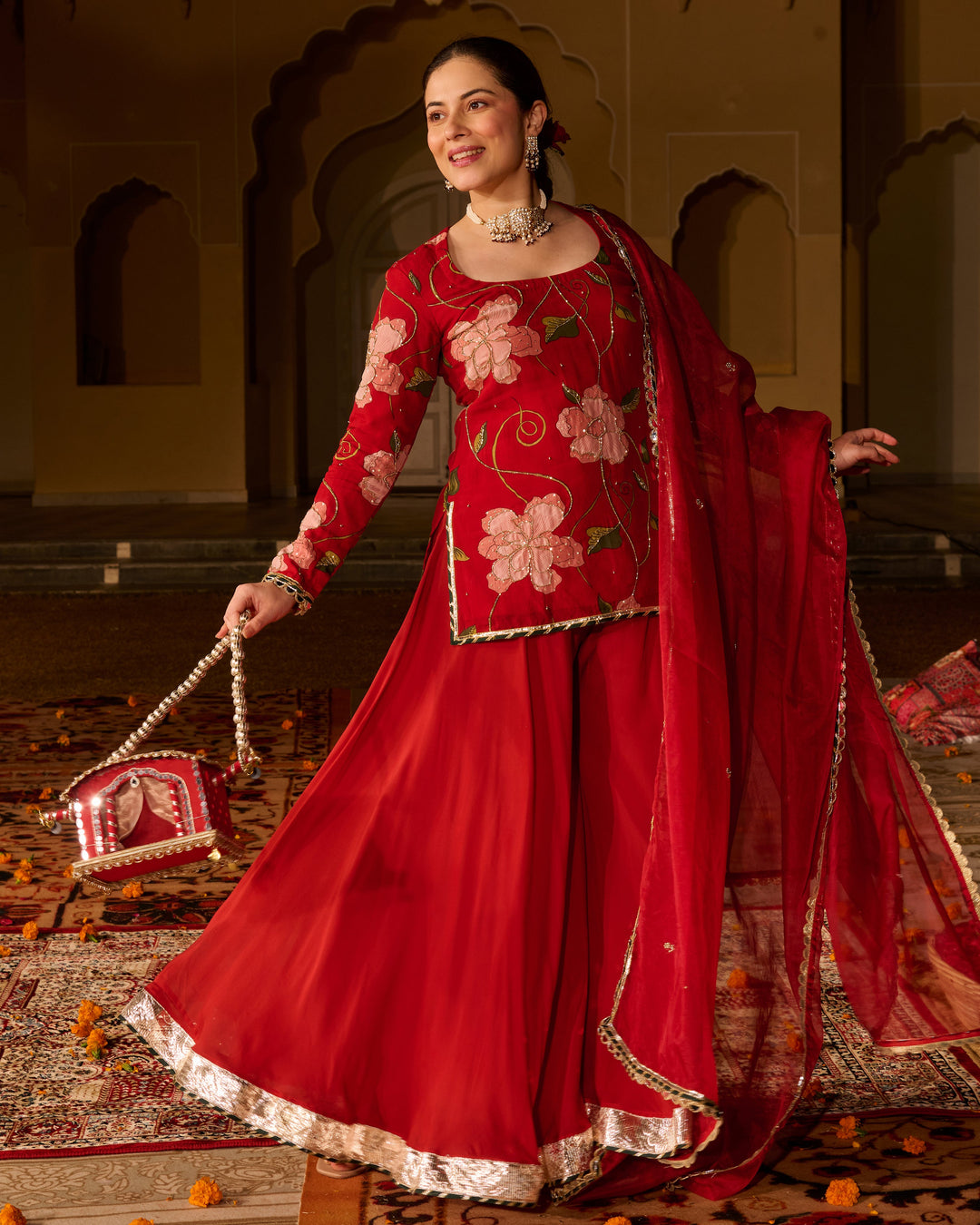 Azmat Maroon Printed Viscose Organza Suit Set