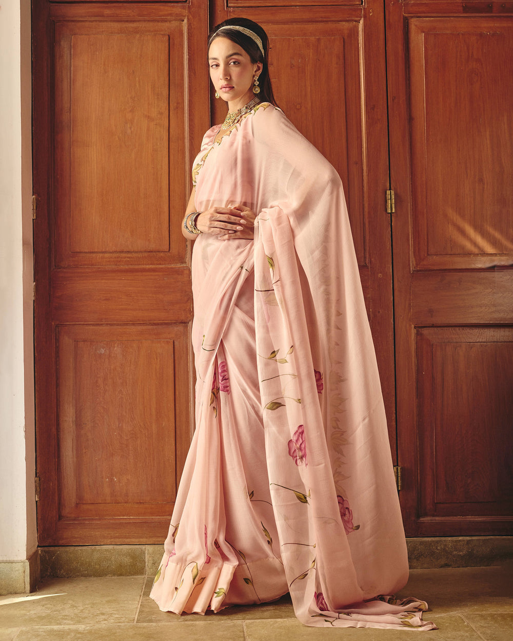 Chitra Rose Pink Handpainted Chiffon Saree