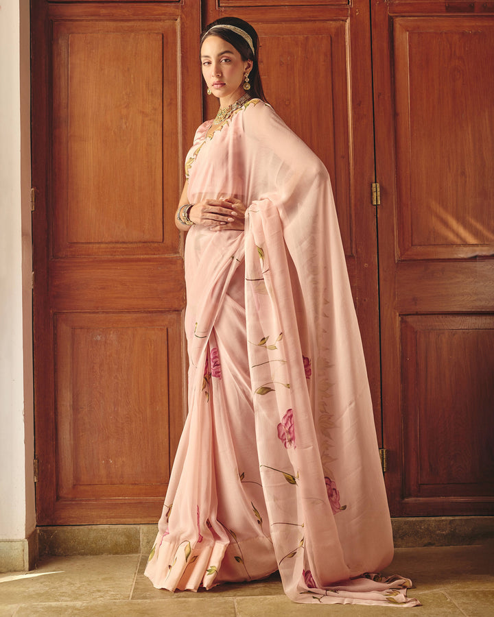 Chitra Rose Pink Handpainted Chiffon Saree