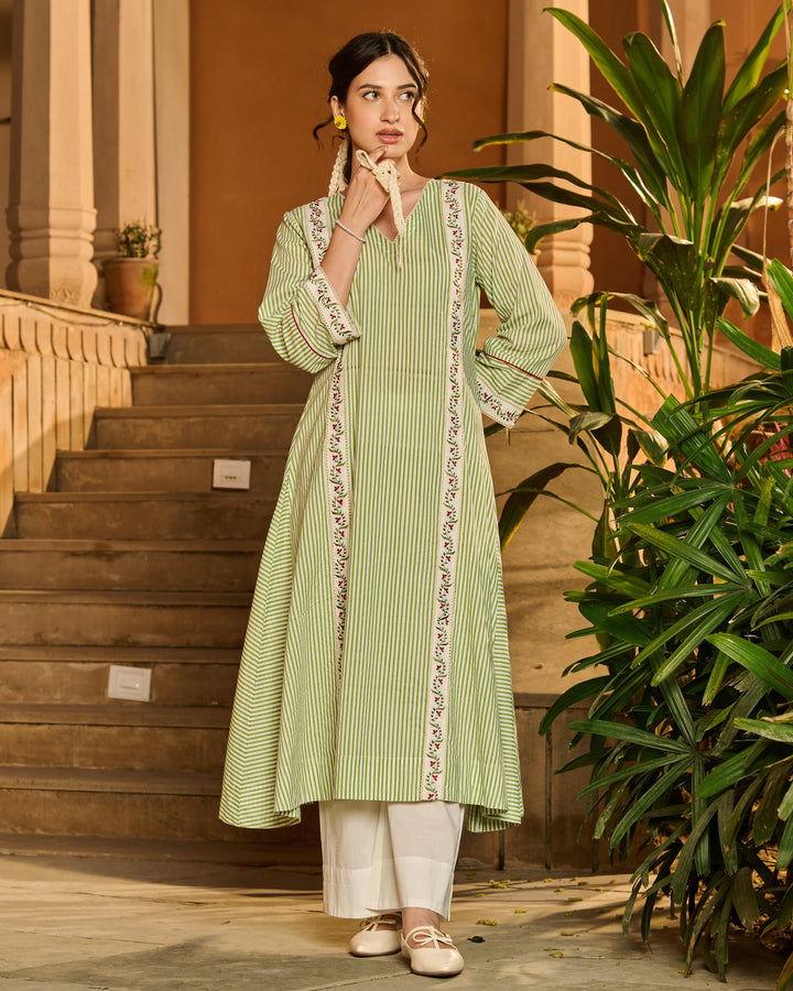 Camille Green Printed Cotton Stripes Kurta Set
