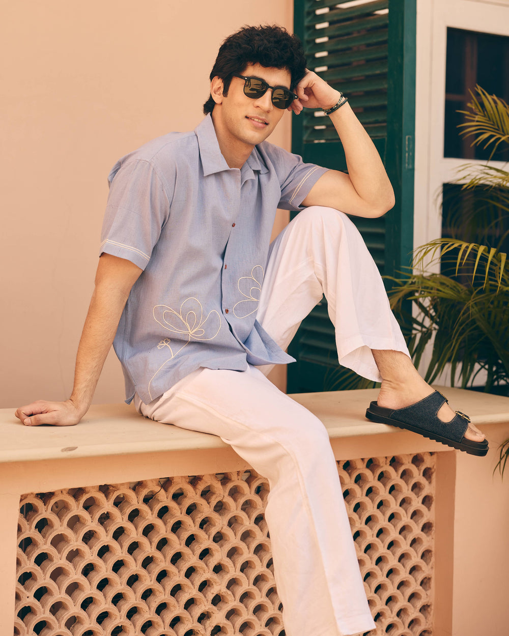 Rilo Blue Cotton Flex Embroidered Shirt