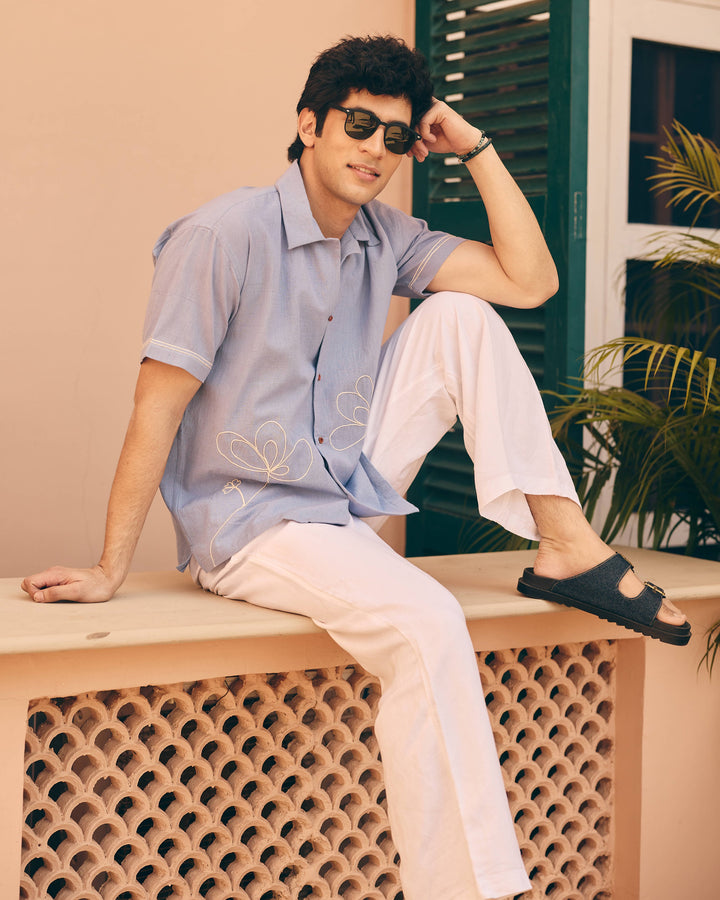 Rilo Blue Cotton Flex Embroidered Shirt